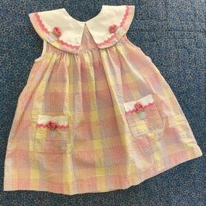 Toddler Girls dress Searsucker crochet flowers sleeveless apron collar